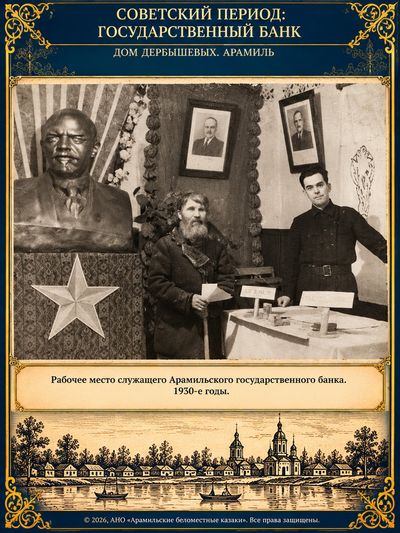 Рабочее место служащего банка: бюст, портреты на стене, двое мужчин у стола