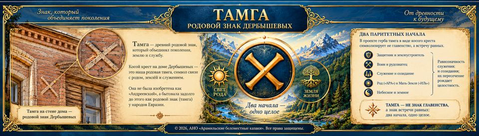 Плакат «Тамга — родовой знак Дербышевых»: косой крест на кирпичной стене дома и его значение