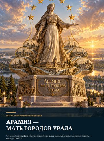 Иллюстрированная концепция «Арамия — мать городов Урала»: стела на постаменте с рельефами на закате