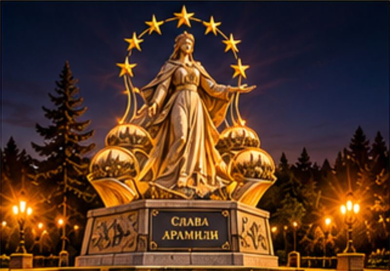 Стела «Арамия» с вечерней подсветкой, на постаменте надпись «Слава Арамили»