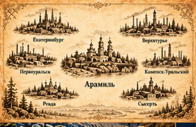 Рисунок: Арамиль в центре, вокруг Екатеринбург, Верхотурье, Первоуральск, Каменск-Уральский, Ревда и Сысерть