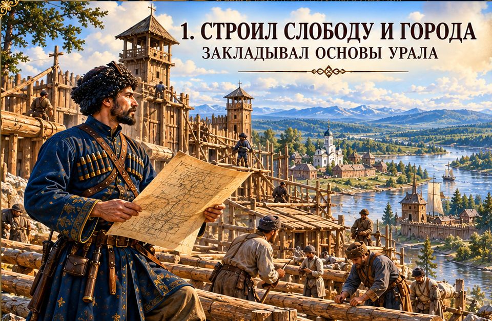 Беломестный казак с чертежом на строительстве деревянного острога над рекой