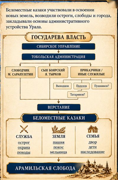 Схема «Государева власть»: Сибирское управление, Тобольская администрация, слободчик, сын боярский и приказчики, верстание, беломестные казаки — служба, земля, семья — Арамильская слобода