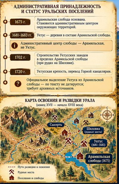 Административная принадлежность уральских поселений: 1675, 1681–1683, 1702, 1720 годы, и карта освоения и разведки Урала конца XVII — начала XVIII века