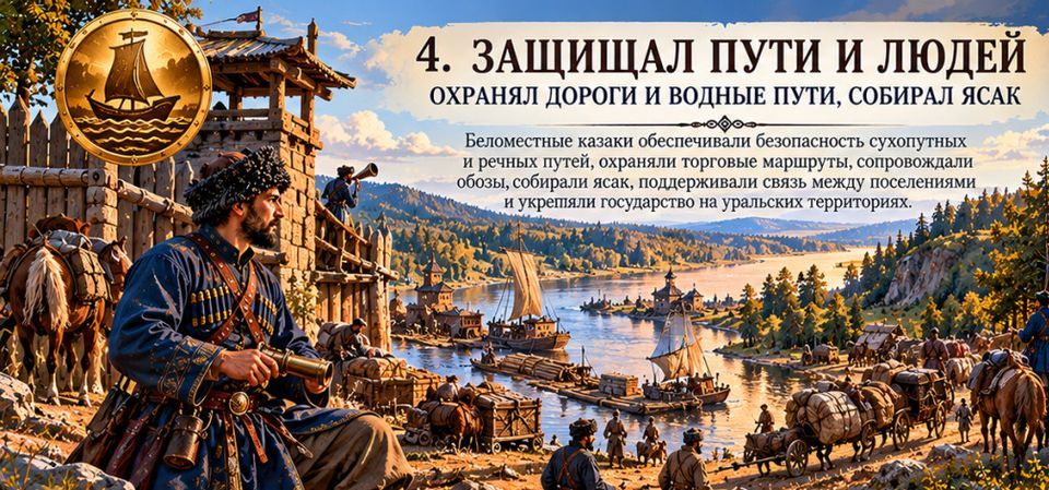 Казачий дозор у острога над рекой, по берегу идут обозы и струги