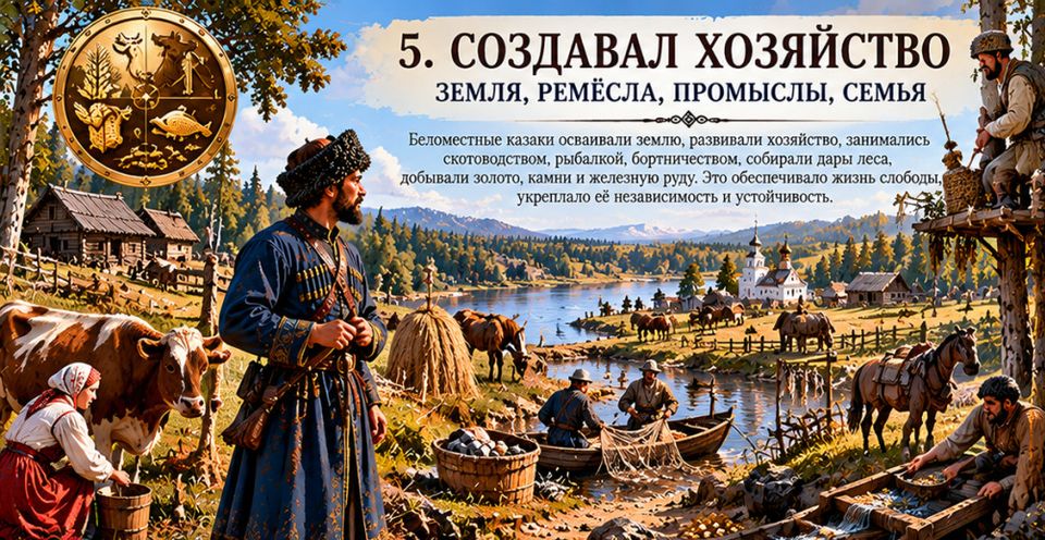Хозяйство слободы: скот, рыбаки на реке, промывка золота, избы и церковь