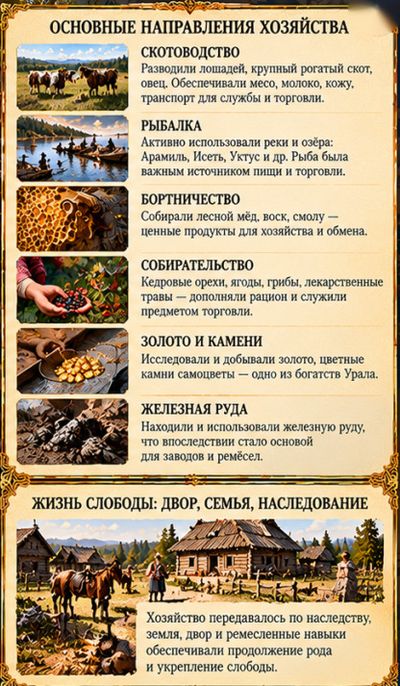Основные направления хозяйства: скотоводство, рыбалка, бортничество, собирательство, золото и камни, железная руда; жизнь слободы — двор, семья, наследование